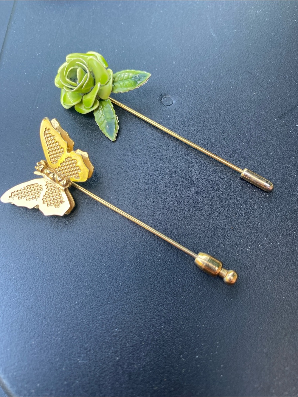 Green Enamel Rose and Gold Butterfly Stick Pins - Set of 2